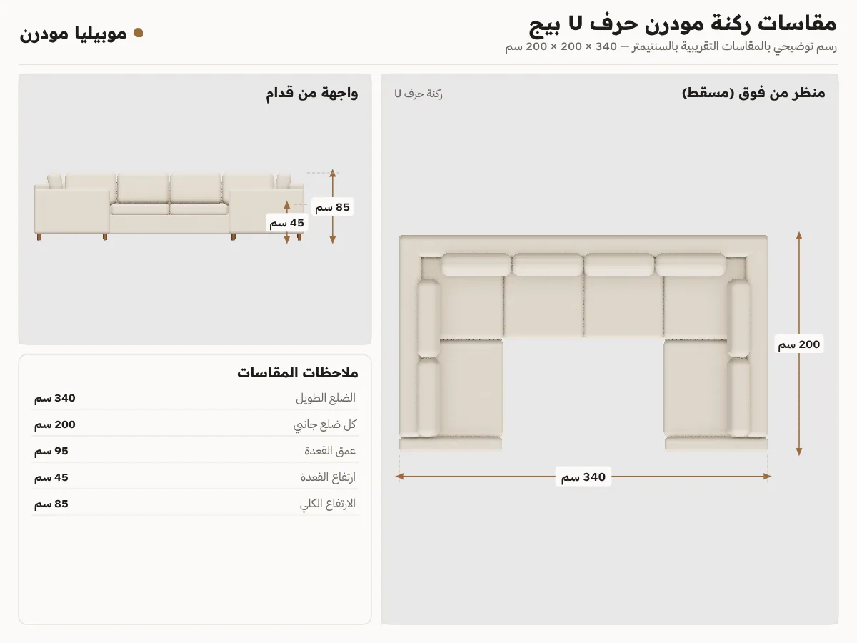 لوحة مقاسات ركنة مودرن حرف U بيج: ضلع 340 سم وضلعين 200 سم وارتفاع 85 سم