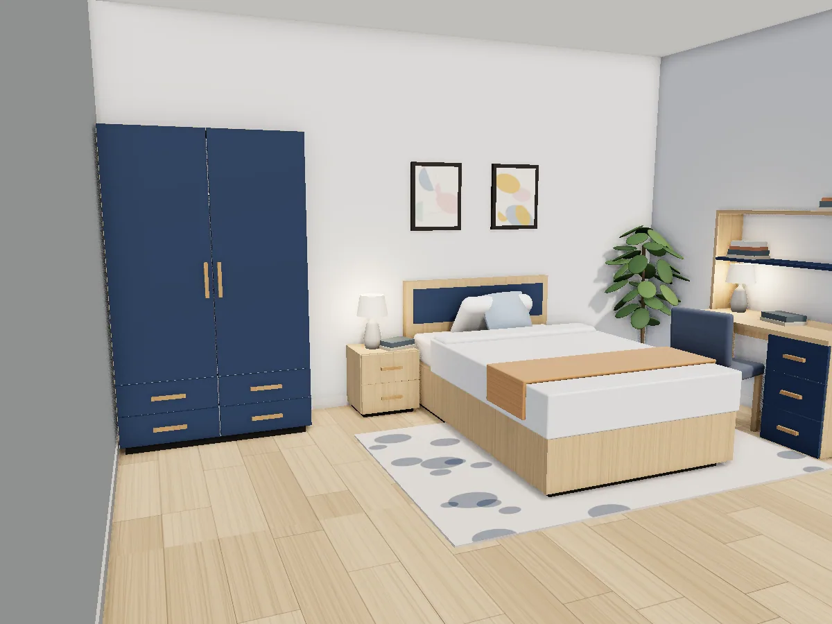 غرفة نوم اطفال ولادي بمكتب برف علوي، سرير 120×200 بضهر كحلي، دولاب ضلفتين وكومودينو بخشب أوك فاتح