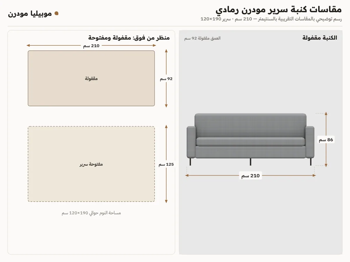 لوحة مقاسات كنبة سرير مودرن رمادي: مقفولة 210×92×86 سم ومفتوحة سرير 210×125×44 سم