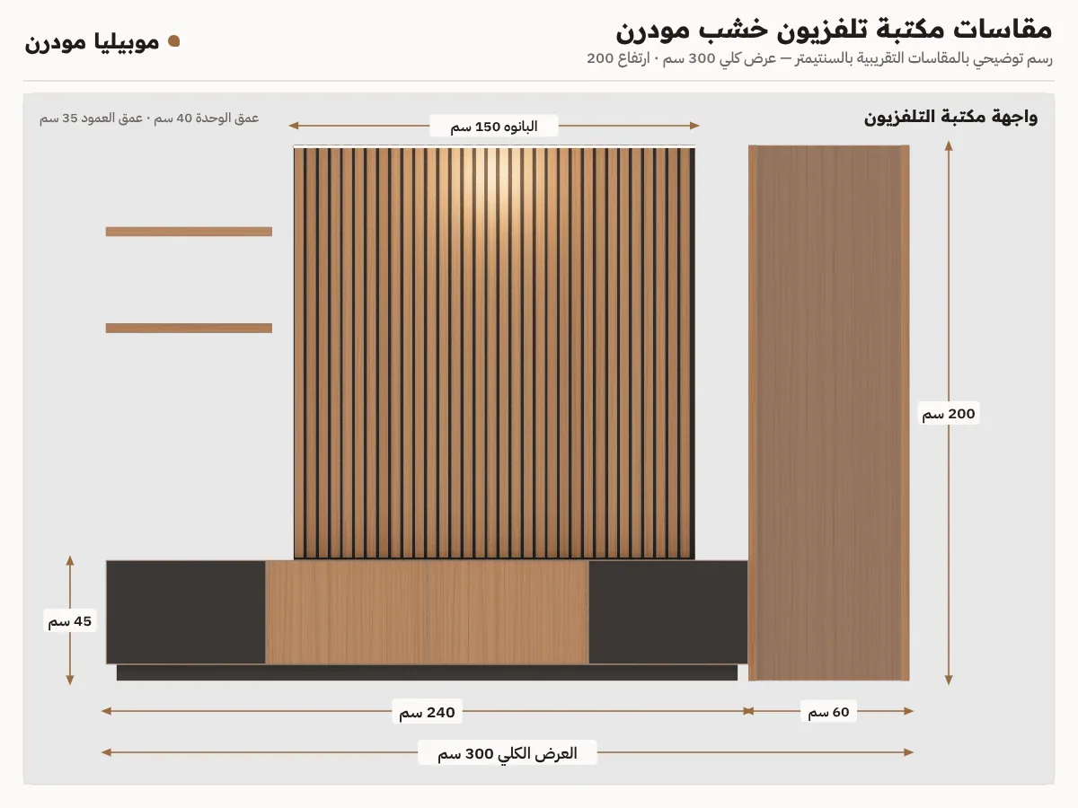 لوحة مقاسات مكتبة تلفزيون خشب مودرن: وحدة 240×40×45 وعمود 60×35×200 وبانوه 150×3×200 سم