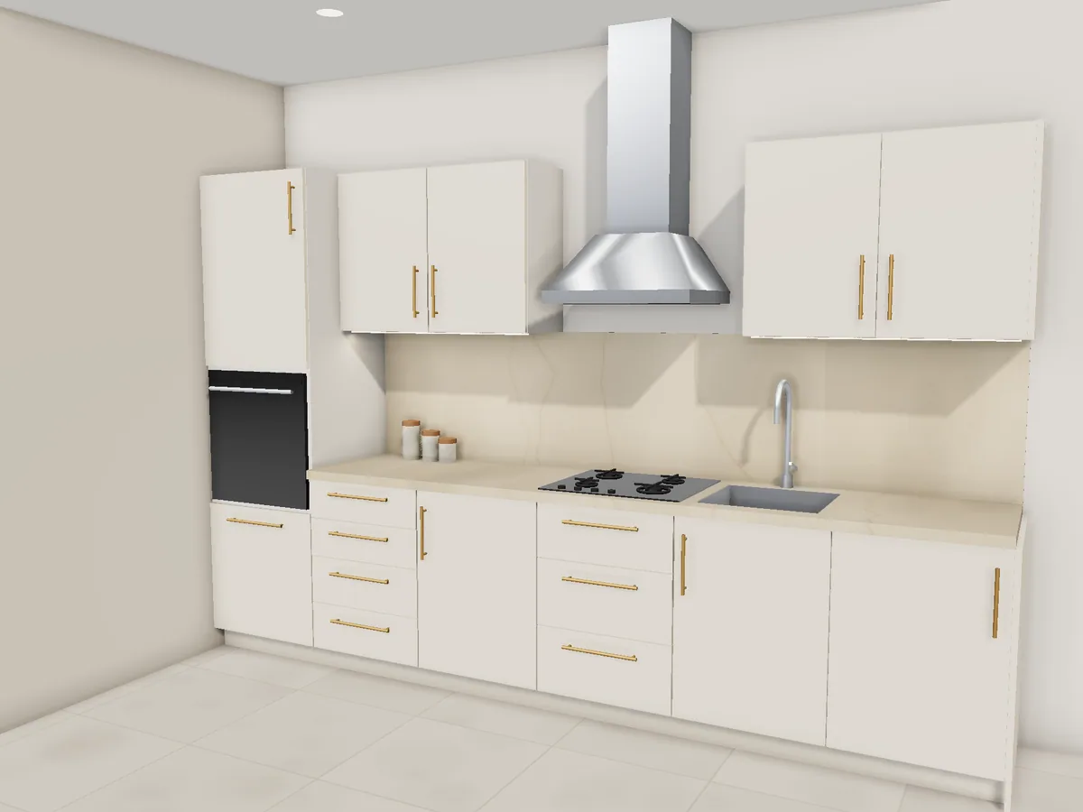 مطبخ MDF مدهون اوف وايت مستقيم 3.4 متر بعمود فرن بلت إن ومقابض دهبي ورخامة بيج