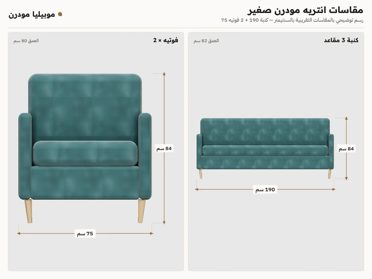 لوحة مقاسات انتريه مودرن صغير: كنبة 190×82×84 وفوتيه 75×80×84 سم من قدام
