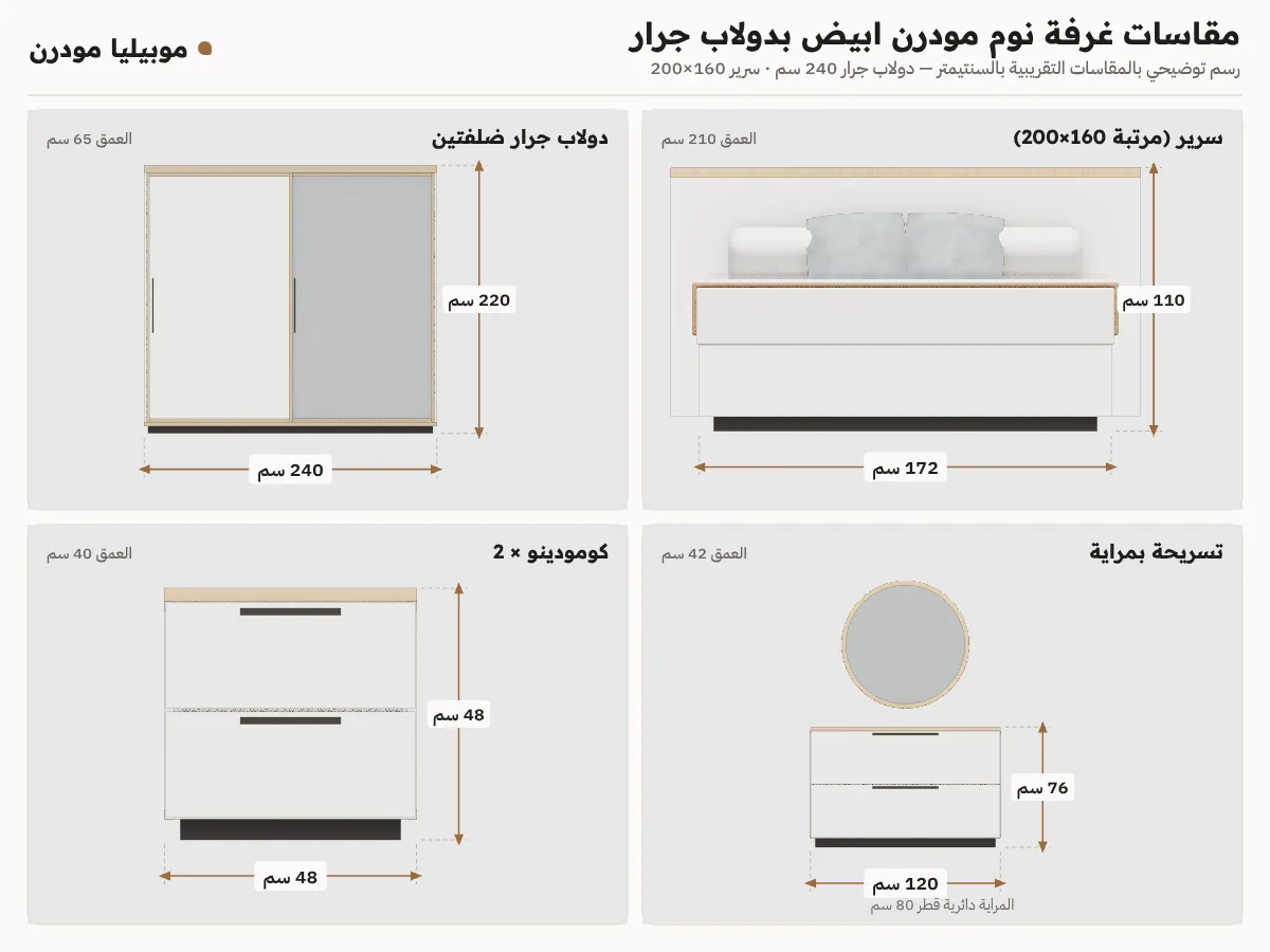لوحة مقاسات غرفة نوم مودرن ابيض بدولاب جرار: كل قطعة بالعرض والعمق والارتفاع بالسنتيمتر